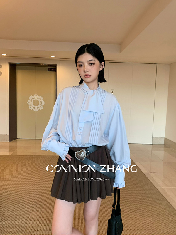 CZ ZHANG秋季法式气质文艺纯色花边拼接条纹围巾领天丝衬衫B33271|undefined