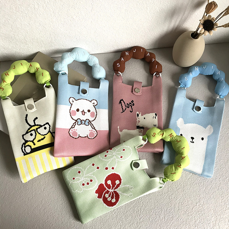 新款条纹手机包女斜挎散步装放mini小包包轻便四季手提包针织