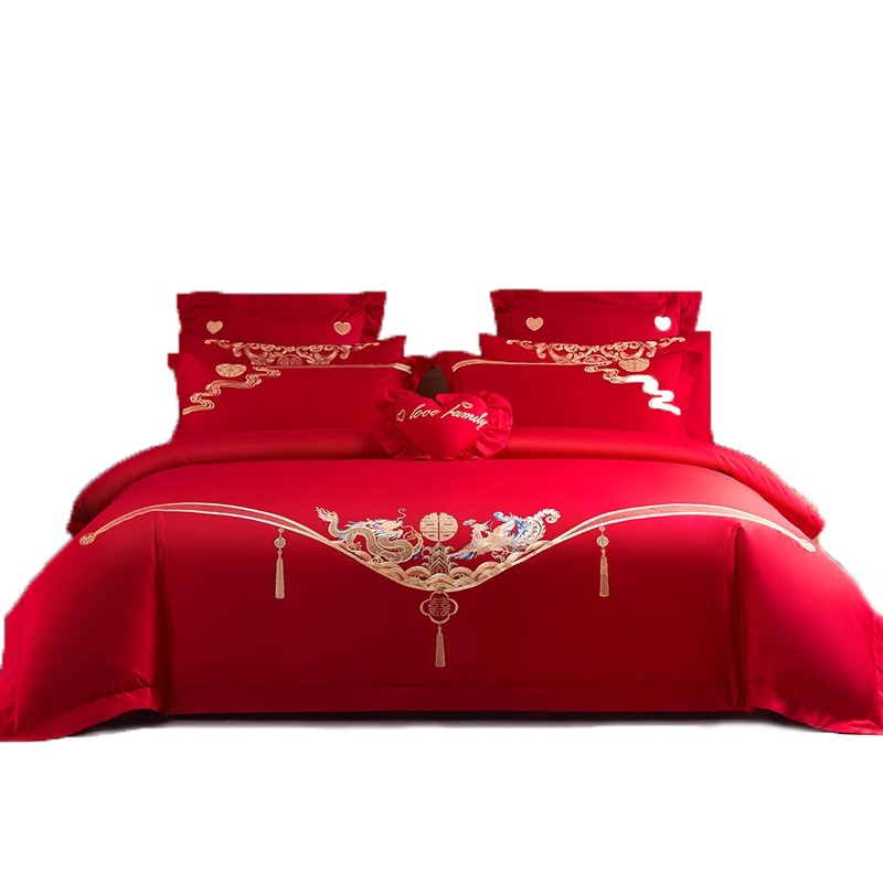 Nuevo juego de cuatro piezas de boda cepillada engrosado bordado rojo grande boda boda sábana edredón funda ropa de cama
