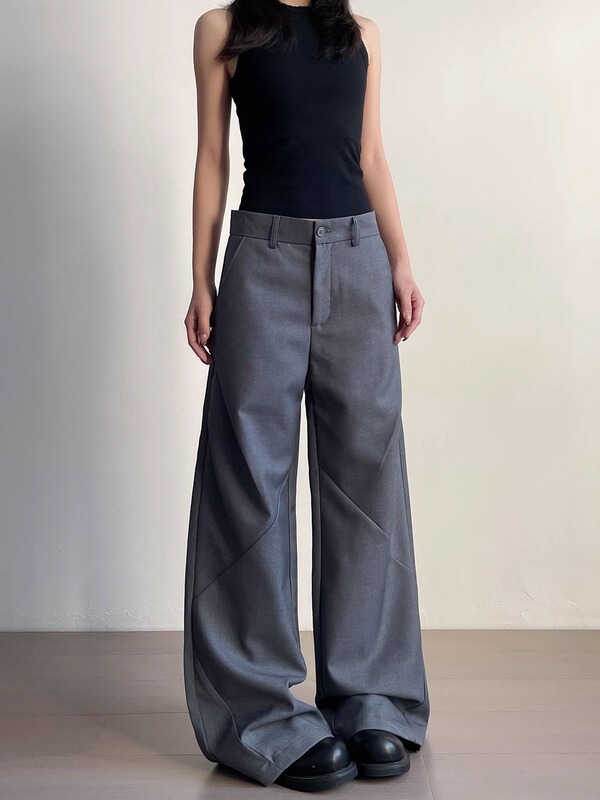 American Cleanfit Pleated Cut Design Casual Pants for Women Spring & Fall New Straight Floor-Length Pants