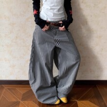 美式竖条纹弯刀工装裤男女vintage复古宽松设计感直筒拖地休闲裤