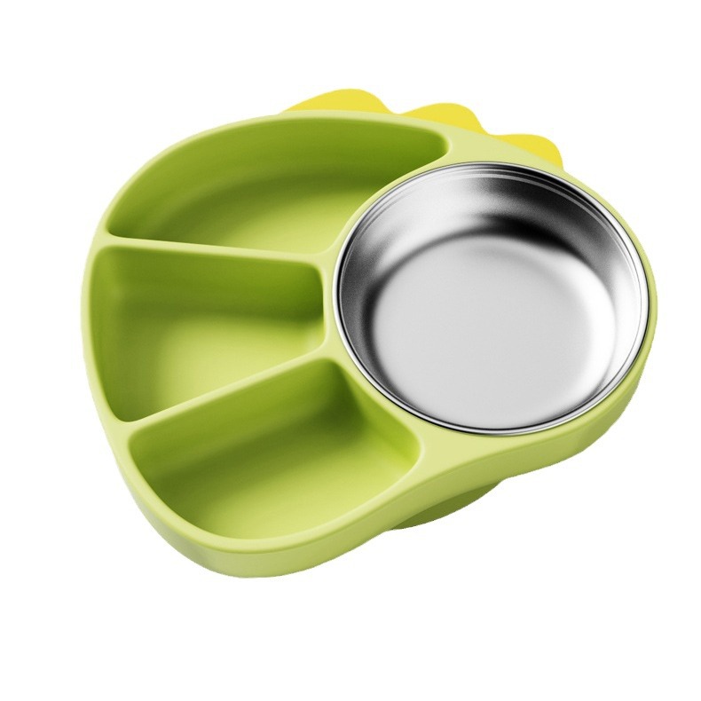 Placa de comedor de rejilla dividida de silicona para niños, tazón de adyuvante de dinosaurio de dibujos animados de grado alimenticio para entrenar al bebé para comer y separar la vajilla