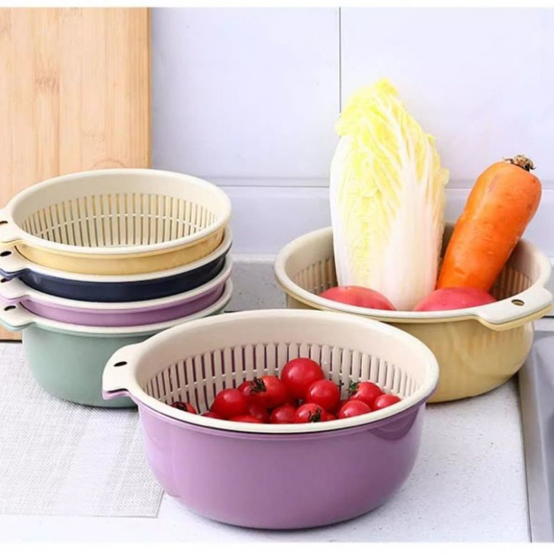 二層野菜洗い桶、プラスチック排水バスケット、米洗い器、野菜青、野菜洗い桶、家庭用キッチン果物洗い桶|undefined