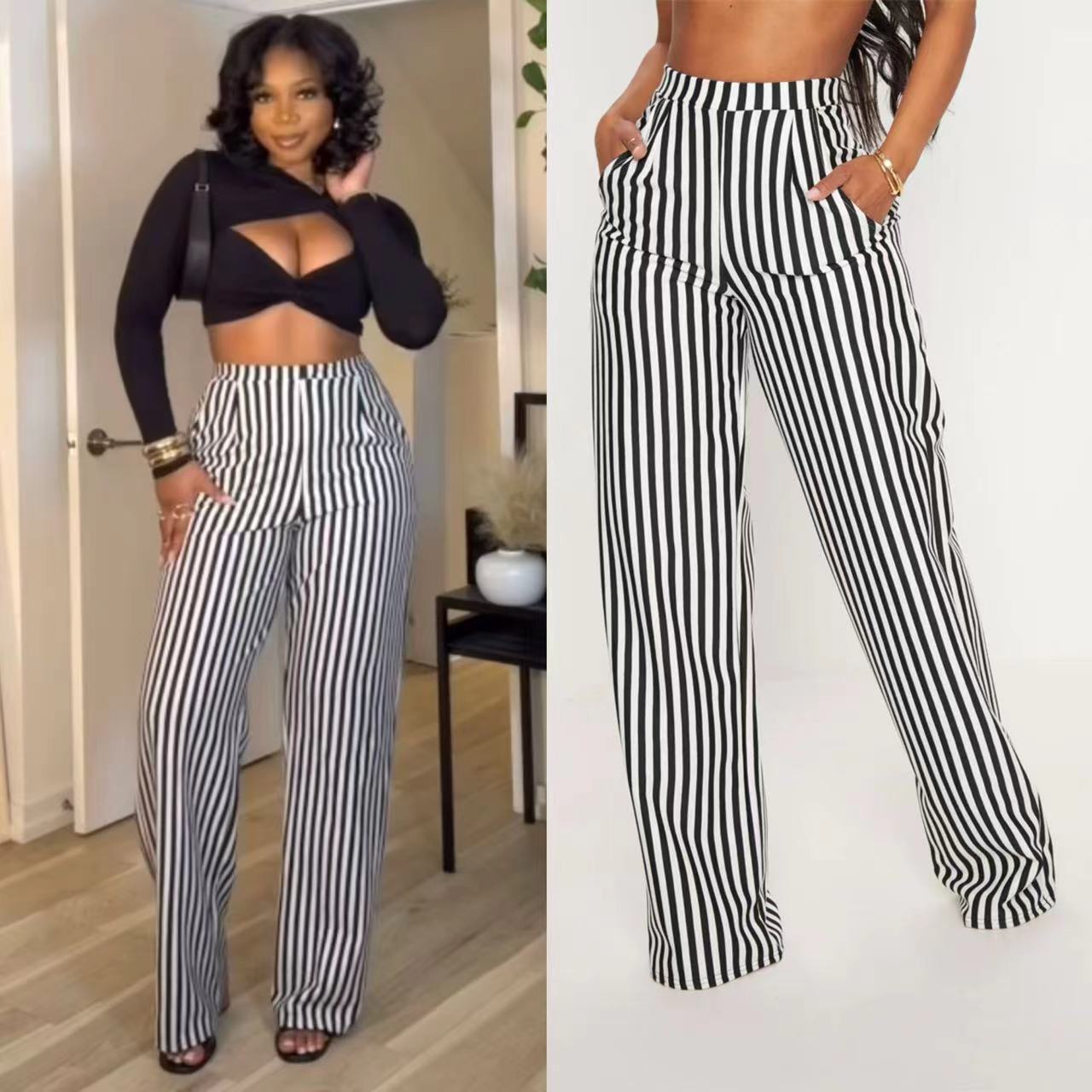 Y6022 cross-border European and American women's clothing 2024 new black striped printed high waist straight casual wide-leg pants in stock