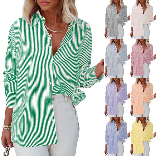 2024 Amazon Women's Striped Button-down Shirt Classic Long Sleeve Fashion Collared Office Work Shirt Top