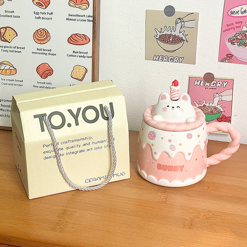Tazas de cerámica con tapa de dibujos animados tazas de regalo de cumpleaños tazas de café de oficina para niños tazas de agua caseras caja de regalo creativa
