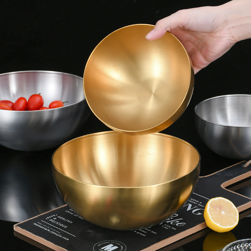 Cuenco de oro del bibimbap que cocina el cuenco grande redondo para el uso comercial Cuenco de fideos frío de una sola capa del cuenco de acero inoxidable del cuenco de ensalada coreano