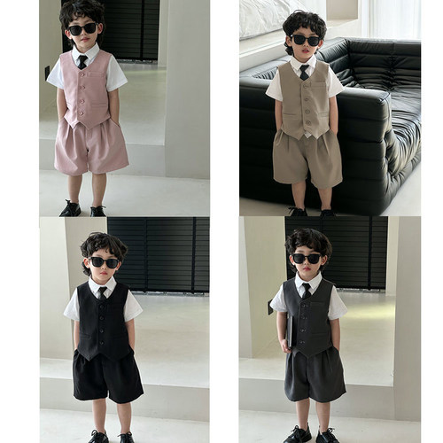 Boy's Vest Shorts Set 2024 Spring Summer New May Day Children's Performance Costume Kids' Korean Style Single Button Dress