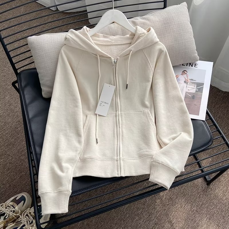 Japanese Style Style Autumn Sports Casual Hooded Zipper Cardigan Long-Sleeved Sweatshirt Jacket Female Students Pure Color Short Style