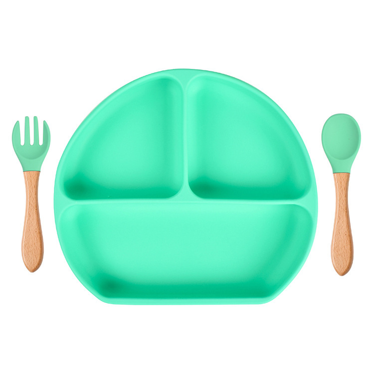 スポット分格子供食器ベビー吸盤シリコンボウル赤ちゃんスプーンストロー一体式シリコン皿|undefined