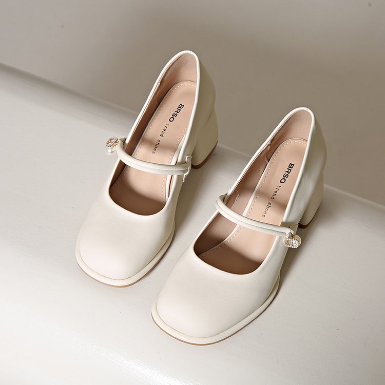 Mary Jane Single-layer Shoes Women's 2025 New Spring and Autumn Fashionable All-match Chunky Heel High Heels Soft Leather Evening Gentle Bridesmaid Shoes