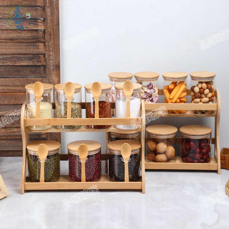 Latas de especias domésticas de cocina con cuchara con marco de madera Botella de condimentos de vidrio conjunto de combinación de latas de condimentos de té