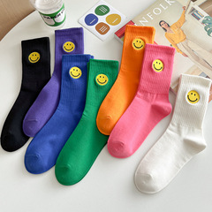 彩色刺繡笑臉女襪子女潮流中筒ins運動長筒襪韓卡通棉襪專供跨境