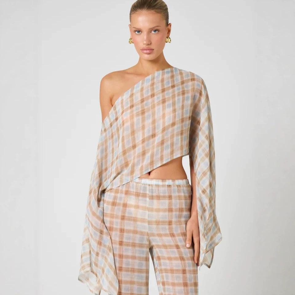 Women's Summer Plaid Sheer Shoulder Raglan Sleeve Top Waist Cinching Casual Straight Leg Trousers Set Style_ecoleips.com