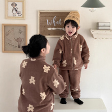 初辰秋冬亲子毛绒家居服男女童双面雪呢绒儿童卡通印花两件套睡衣