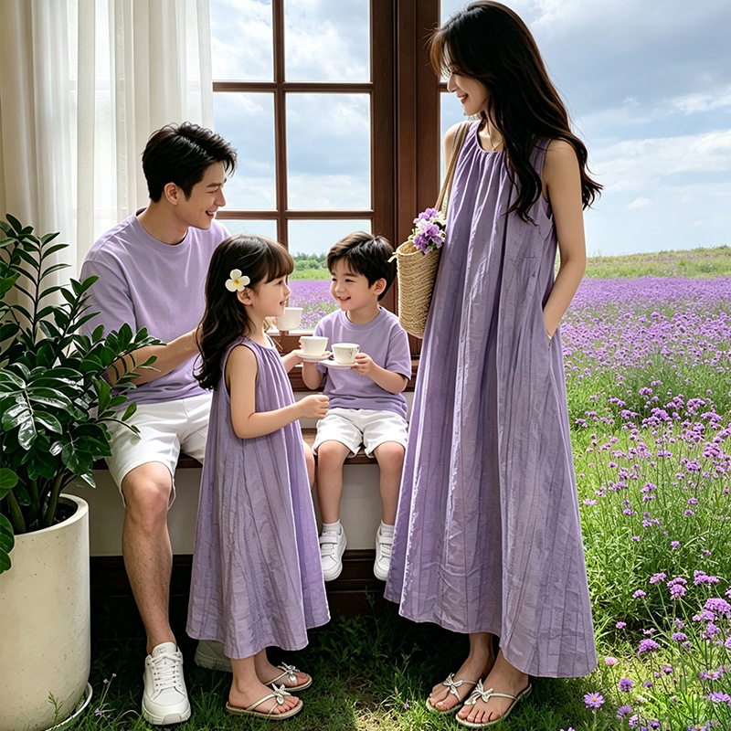 High-end family outfits for three, 2026 new summer style, plus size tie-dye mother and daughter dresses, mother and son sets.