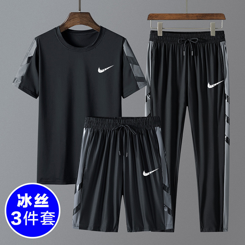 Short-Sleeved Casual Sports Suit Men's Ice Silk Running Large Size Quick-Drying T-Shirt Three-Piece Set Summer New Thin Clothes