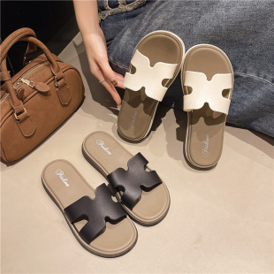 Flat Slippers for Women 2025 Summer New Outer Wear One-Strap Sandals Seaside Beach H Strap Versatile Niche Cross-Border