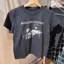 BM风新款美式复古黑色摇滚歌手印花圆领短袖T恤女 bm辣妹修身上衣