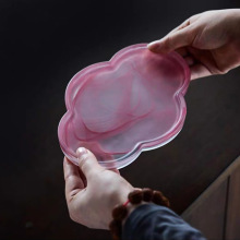 家用水墨壶承磨砂玻璃海棠干泡台粉色泼墨禅意托盘茶具配件小茶盘