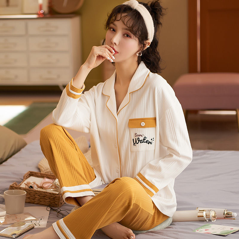 100% pijamas de algodón Primavera y otoño de las mujeres de manga larga coreana dulce princesa estilo cardigan desgaste del hogar traje de dos piezas