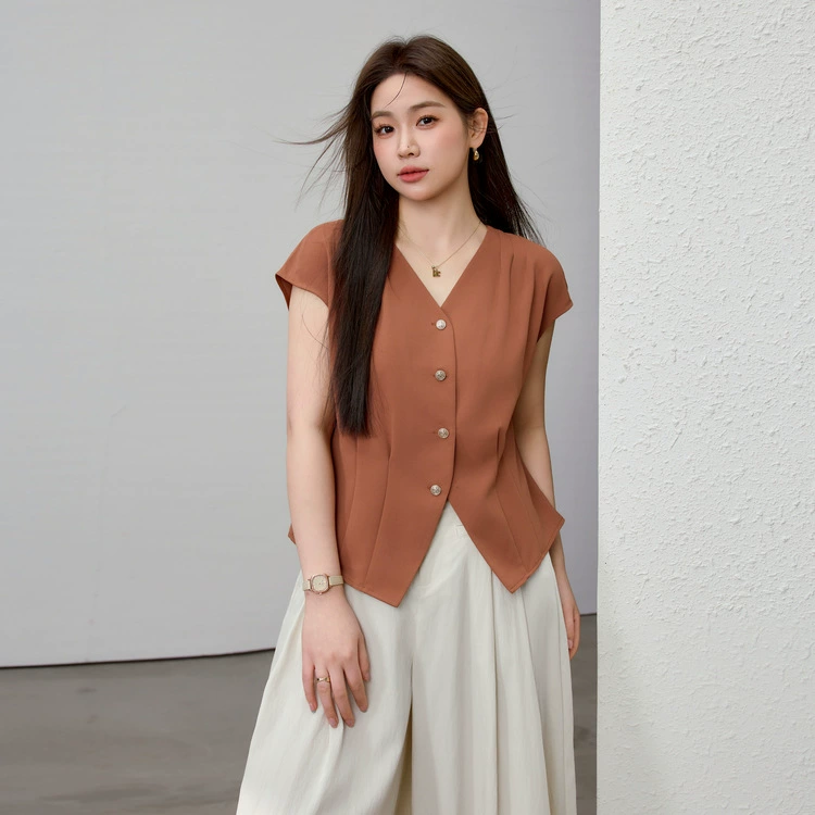 [Дизайн без рукавов нежный ветер с V-образным вырезом рубашка] Funny Show большой размер женский толстый mm2025 весенний новый