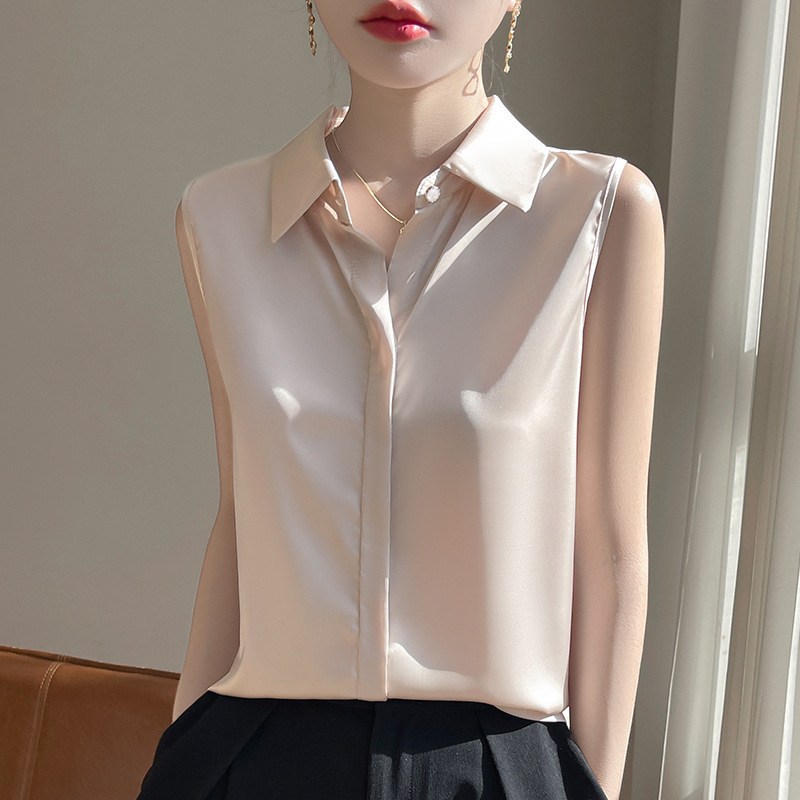 Silk Satin 25 Summer New Women's POLO Collar Sleeveless Shirt Short All-match T-shirt Vest Elegant Top