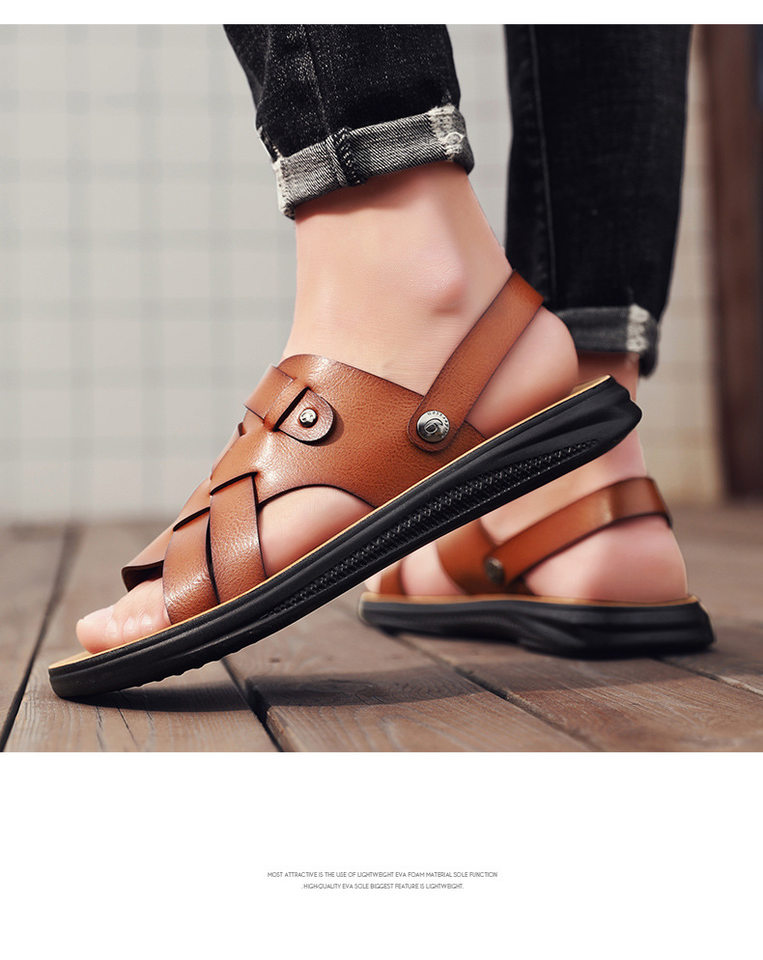 Dép sandal nam quai ngang hở ngón đế mềm thoáng khí chống trơn trượt cỡ lớn — Nâu Đen, vàng nâu chi tiết 16