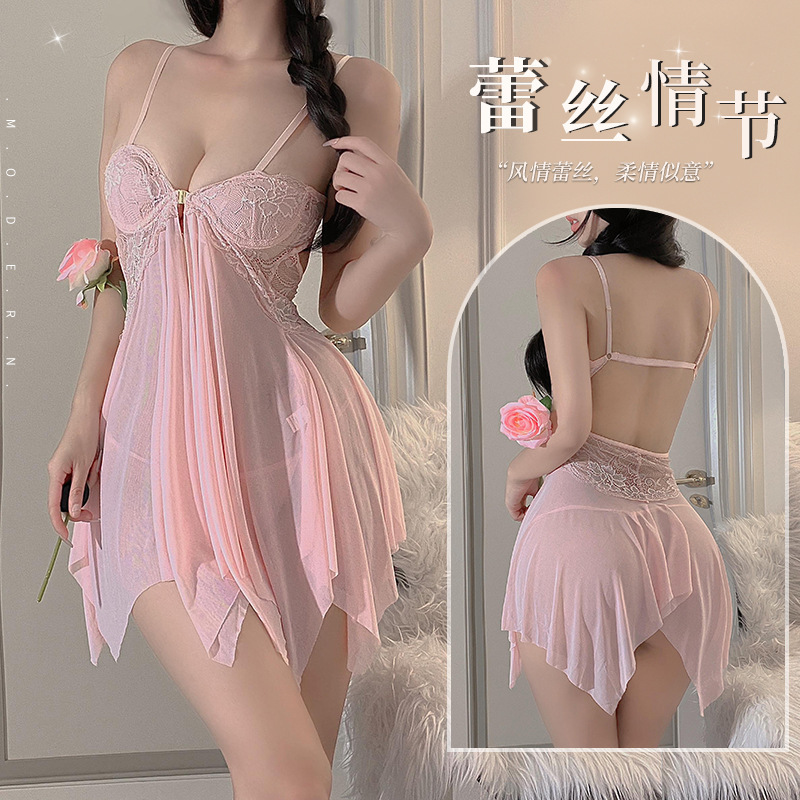 Lin linting sexy lingerie women's transparent mesh sexy temptation hot open strap nightdress plus size pajamas 8013