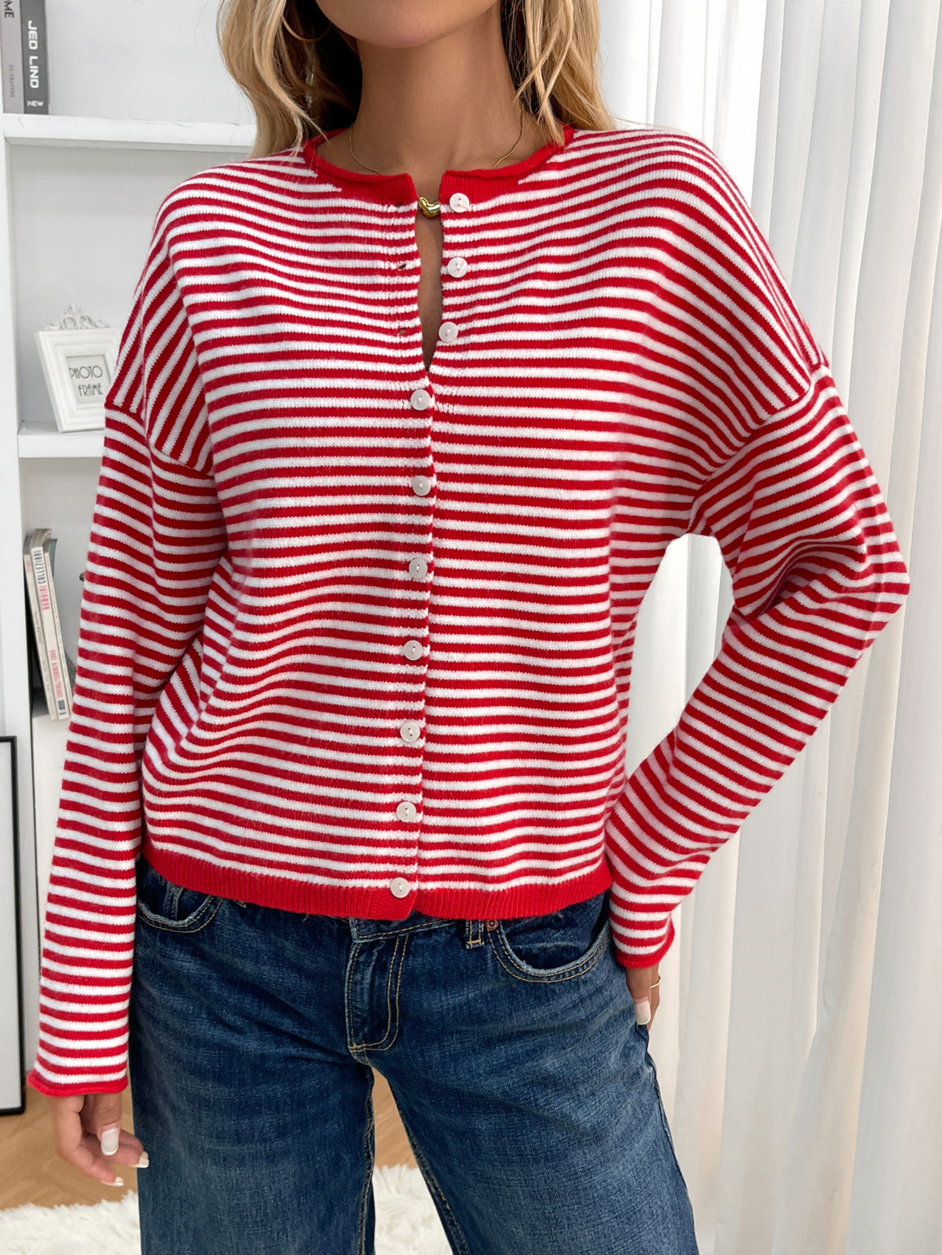 Women's Knit Striped Cardigan Casual Long Sleeve Round Neck Button Sweater Autumn Winter American Style Acrylic Polyester_ecoleips.com