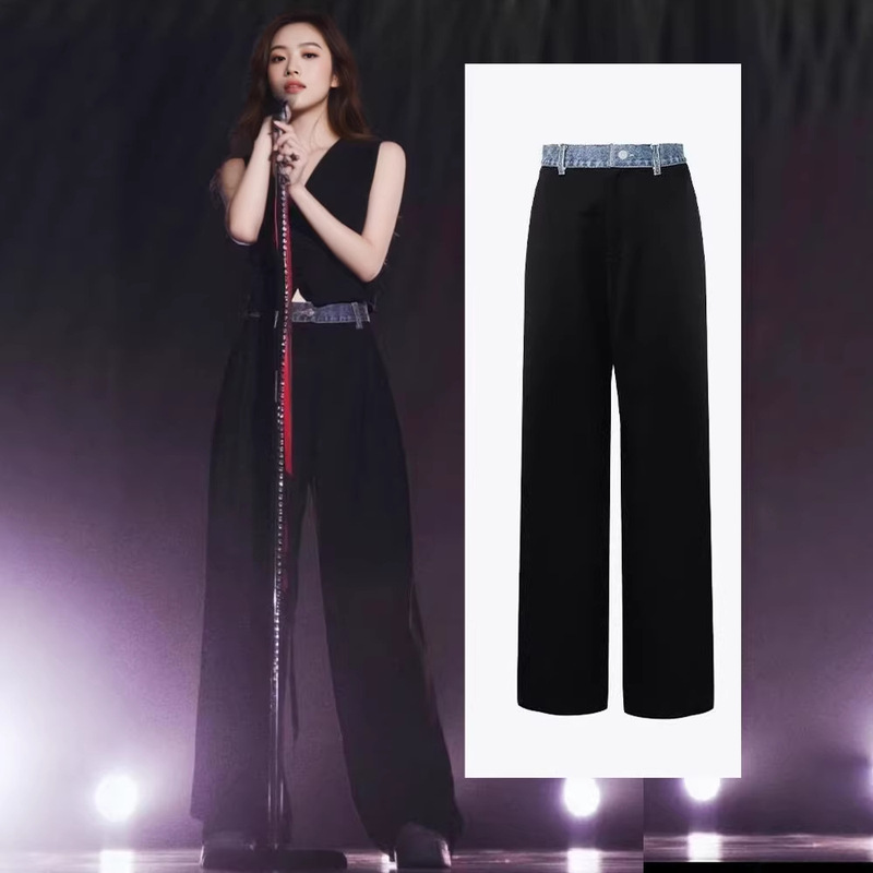 In-Stock Cyndi Wang Style Patchwork Black Trousers for Women, Summer Thin High-Waisted Suit Pants with a High-End Feel and Drapey Floor-Length Design In-Stock Cyndi Wang Style Patchwork Black Trousers for Women, Summer Thin High-Waisted Suit Pants with a High-End Feel and Drapey Floor-Length Design