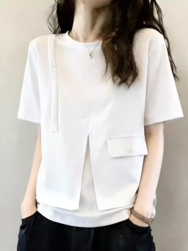 Áo thun ngắn tay nữ thiết kế giả hai mảnh vai thẳng che bụng — màu đen