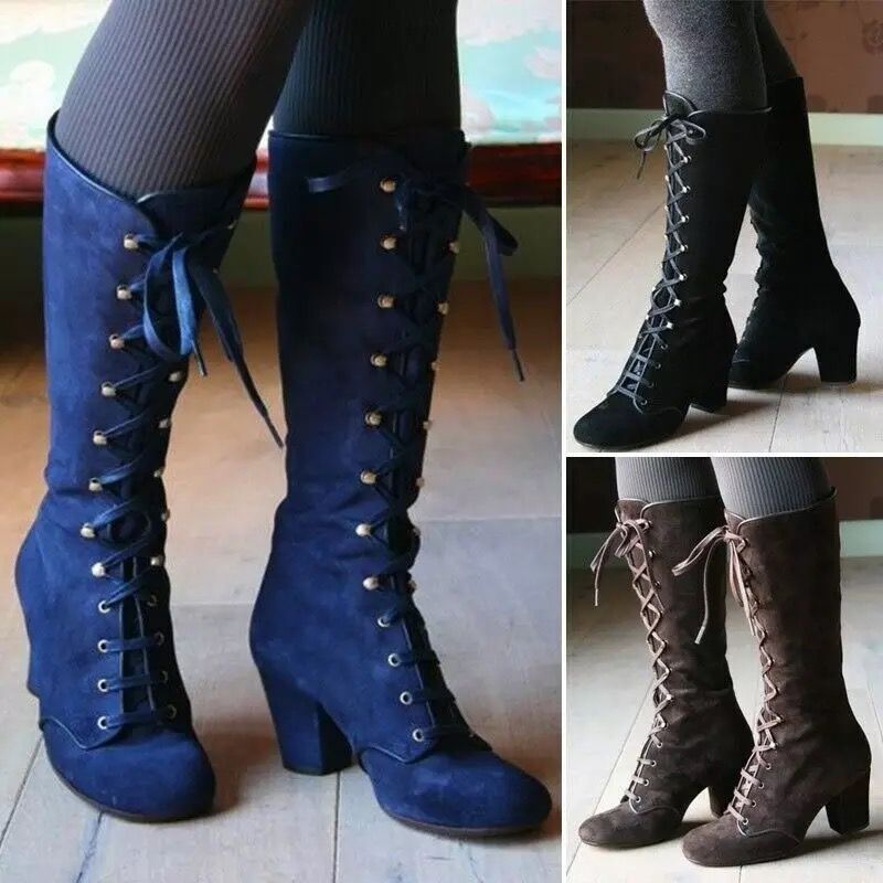 European and American Export Large Size New Autumn and Winter Amazon Suede Mid-Calf Boots Round Toe Thick Heel Boots Women's Lace-Up Boots
