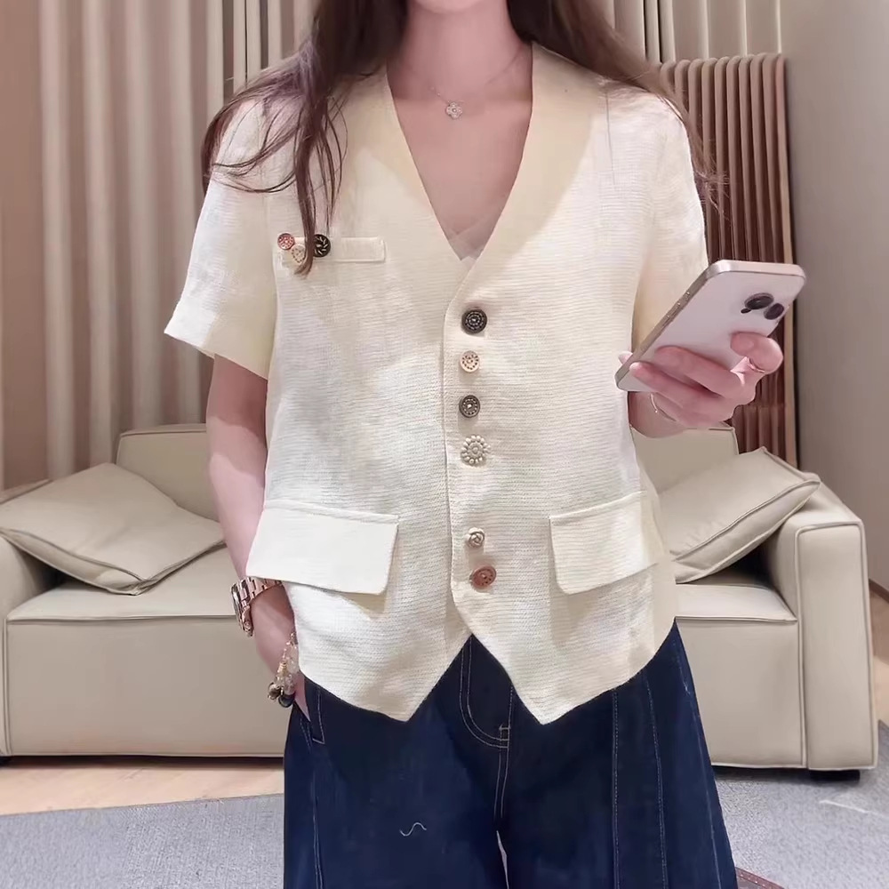 Áo sơ mi nữ cổ V tay ngắn phong cách Pháp cổ điển — trắng chi tiết 1