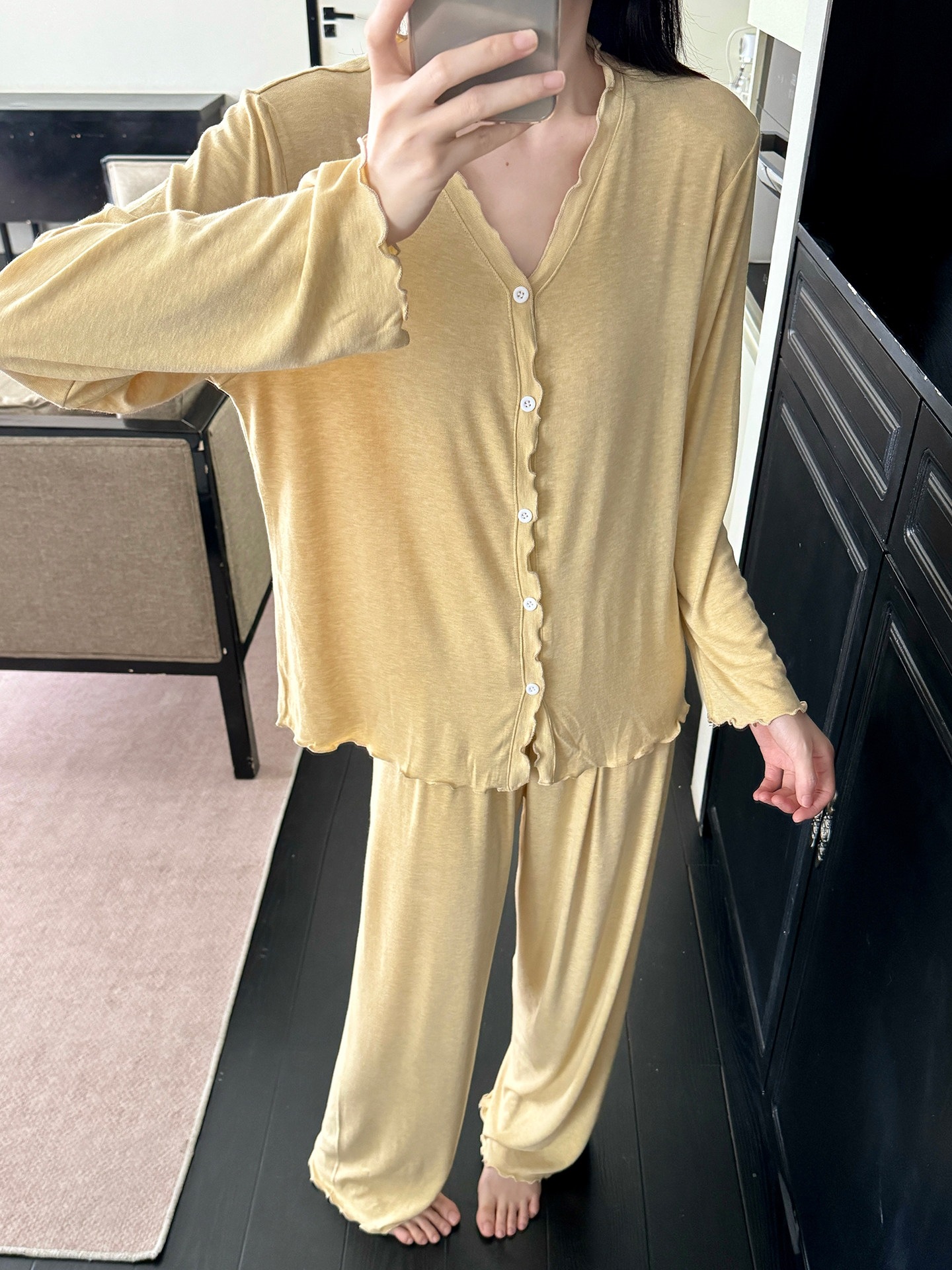 睡衣女款秋季带胸垫边长袖长裤休闲宽松可外穿两件套家居服