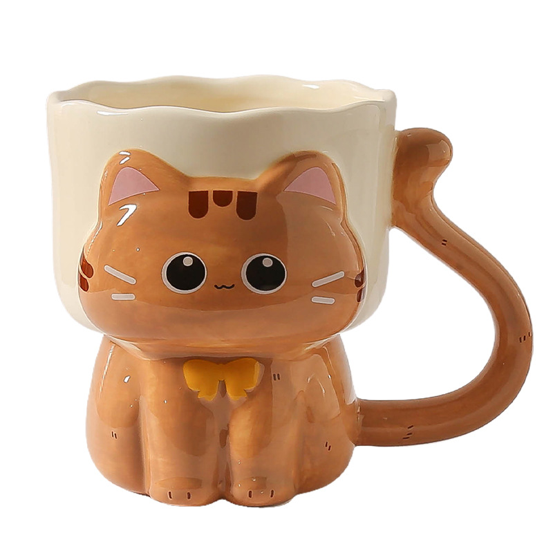 Taza Mug de Cerámica con Relieve de Gato Pintado Bajo Esmalte Resistente a Altas Temperaturas para el Hogar
