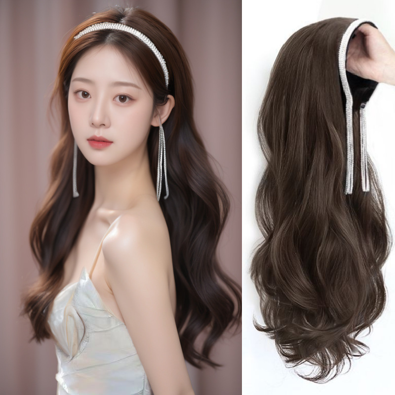 Wig source factory half head set rhinestone hairband wig one long straight hair detachable wig piece a generation of hair