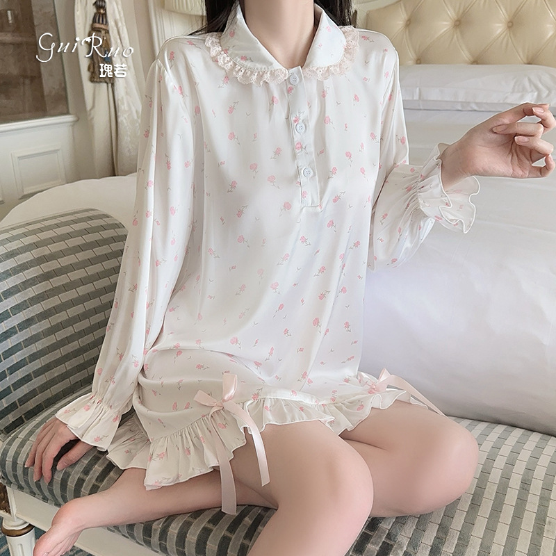 瑰若夏季开襟纽扣清纯可爱娃娃领缎面碎花睡裙女家居服套装XK5637|undefined