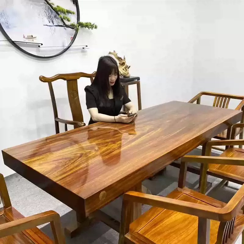 奥坎实木大板桌巴花茶桌黑檀胡桃木家具新中式原木茶台老板大班台
