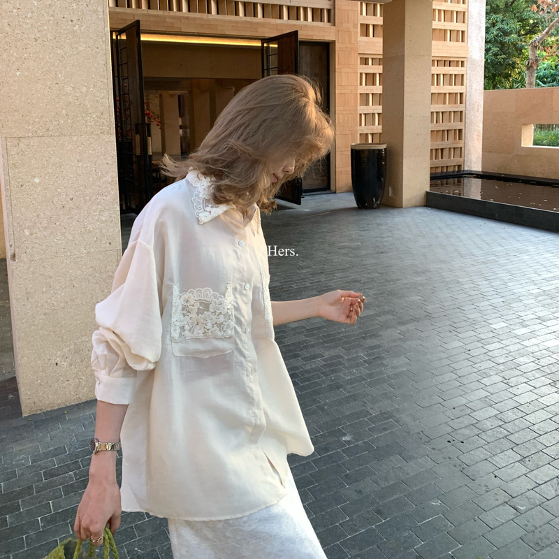 Hers One Spoon of Sweetness Korean-Style Shirt for Women, Lazy Style, Loose Fit, Vacation Feel, Lace Splicing, Jacquard Collar, Sun Protection Hers One Spoon of Sweetness Korean-Style Shirt for Women, Lazy Style, Loose Fit, Vacation Feel, Lace Splicing, Jacquard Collar, Sun Protection