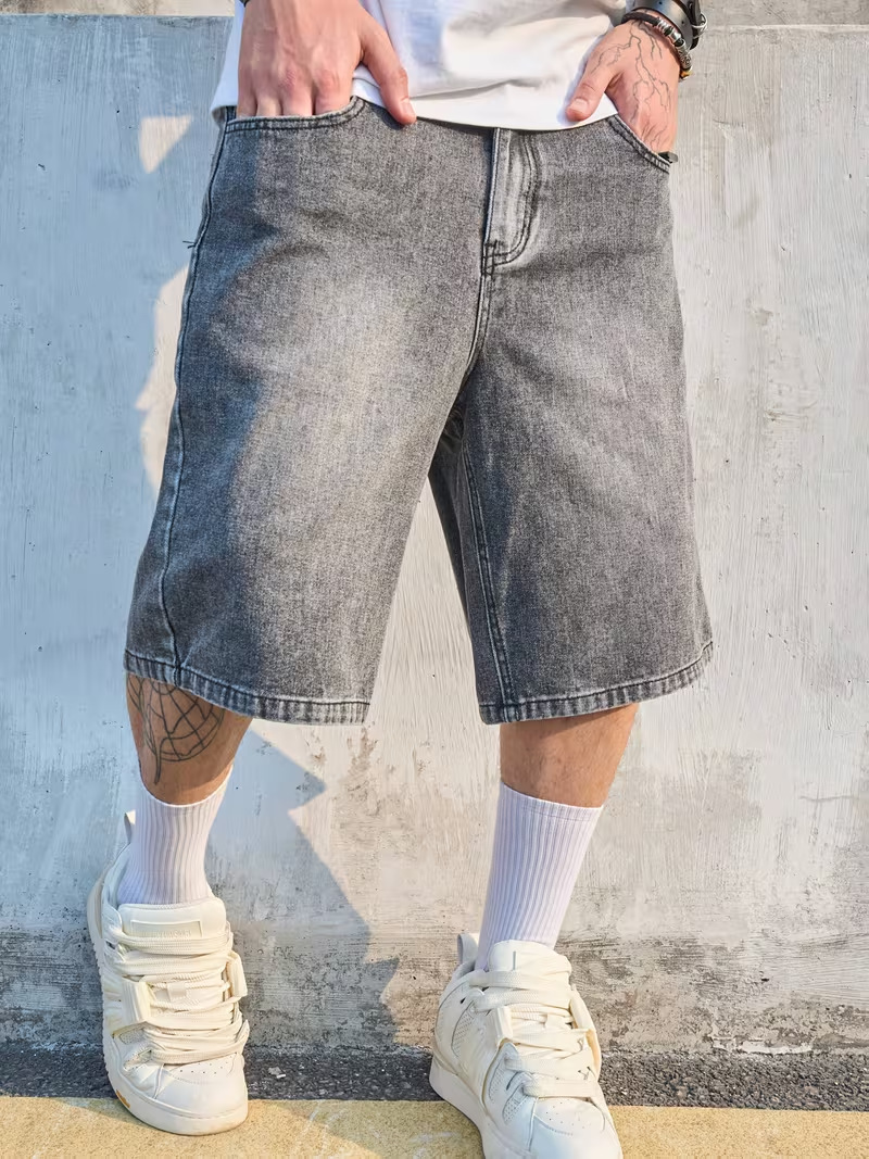 Heren denim shorts stone washed relaxed fit rechte broekspijp_voghion.com