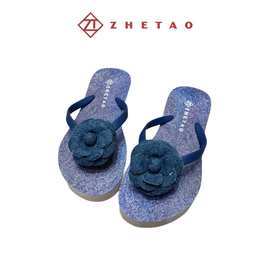 厂家直销女款橡胶夹脚拖鞋 牛仔立体花朵2.5CM厚底防滑耐磨人字拖