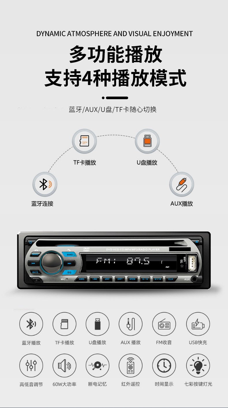 Single-Disk In-Car Dvd/Cd Player with Fm/Am, Mp3, Bluetooth, Fixed Panel and Removable Panel Options Available