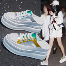 包头半拖鞋女外穿2025夏新款真皮网纱松糕女鞋厚底增高女士凉拖鞋