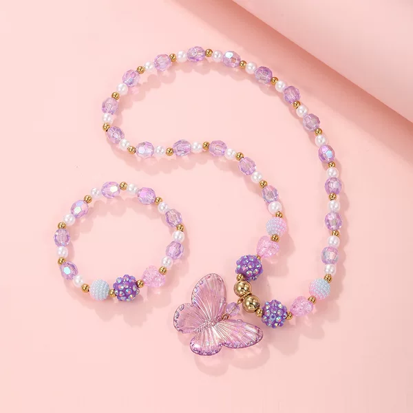 Cross-border Hot Children Crystal Necklace Girl Princess Bracelet Pearl Jewelry Set Decoration Cartoon Butterfly Bracelet