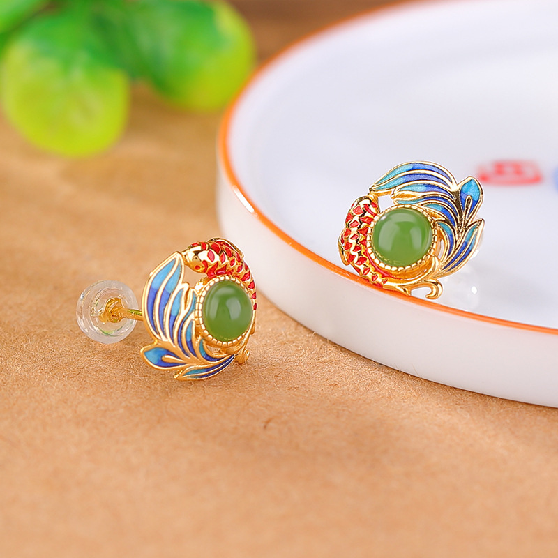 Khuyên tai nữ bạc S925 mạ vàng đính đá ngọc bích hình cá chép men retro — Mẫu đỏ nam