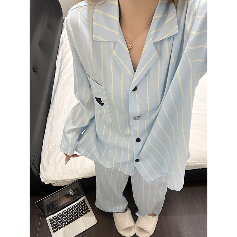 韩系ins甜美简约条纹睡衣女春秋季休闲长袖长裤可外穿家居服套装|undefined