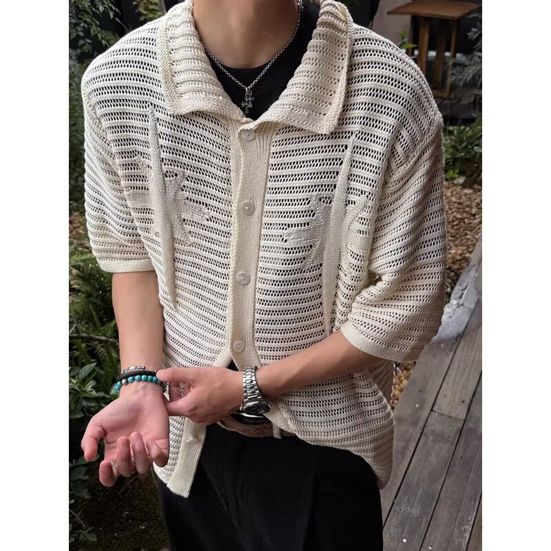 Vintage Style Retro Knit Short-Sleeve Shirt Boxy Loose Summer Casual Hollow-Out Cardigan T-Shirt for Men and Couples