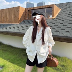 韩系设计感V领泡泡袖白色衬衫女装秋季2025新款宽松显瘦收腰上衣