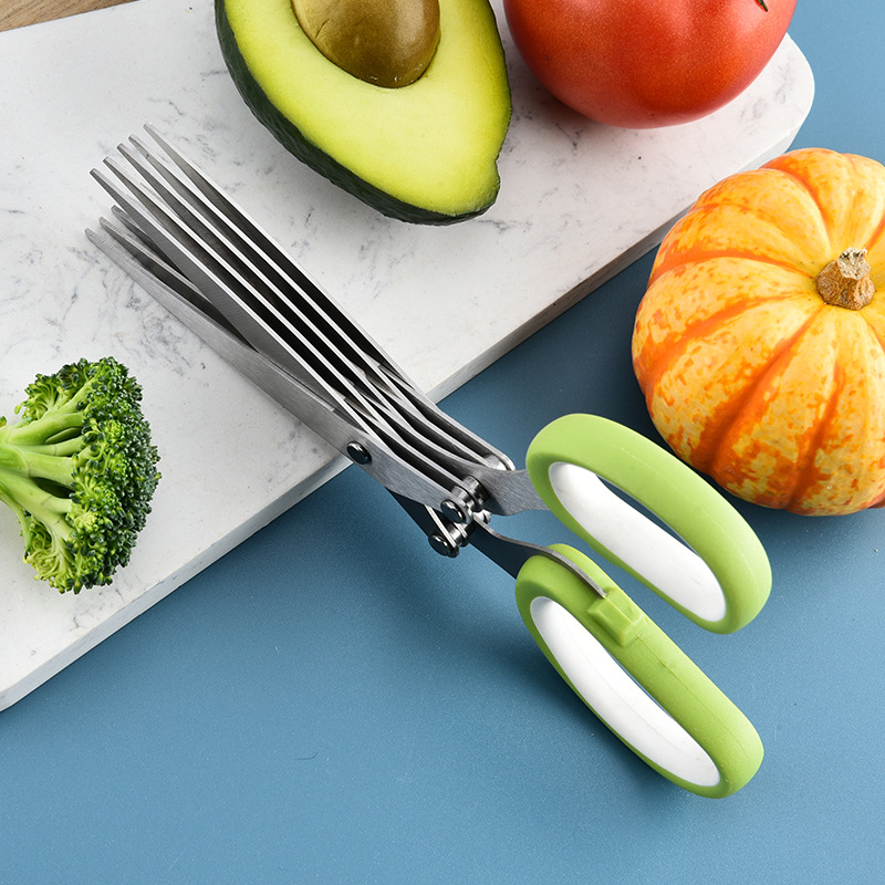 Tijeras de cebolla verde de cinco capas en stock de fábrica, verduras trituradas, cebollas verdes, artefactos de cocina, tijeras de cebolla verde multicapa multifuncionales para el hogar